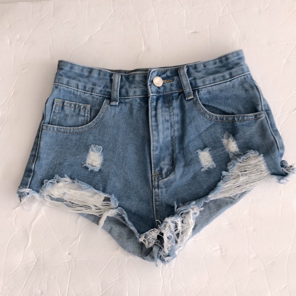 SHEIN Jean Shorts SZ XXS Distressed Ripped High Waist Blue Denim